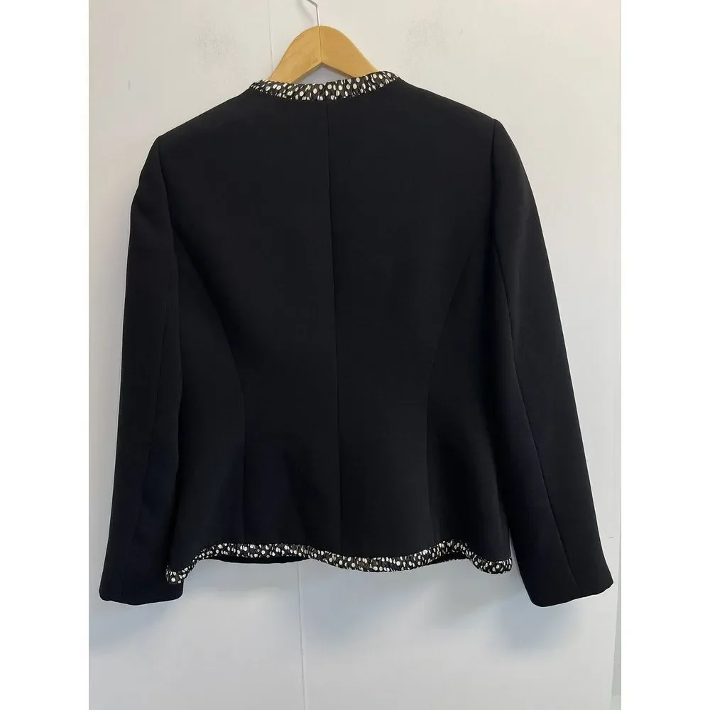 Kasper Black Business Jacket Sz 8 Polka dot Trim Blazer Open Front Lined Pockets